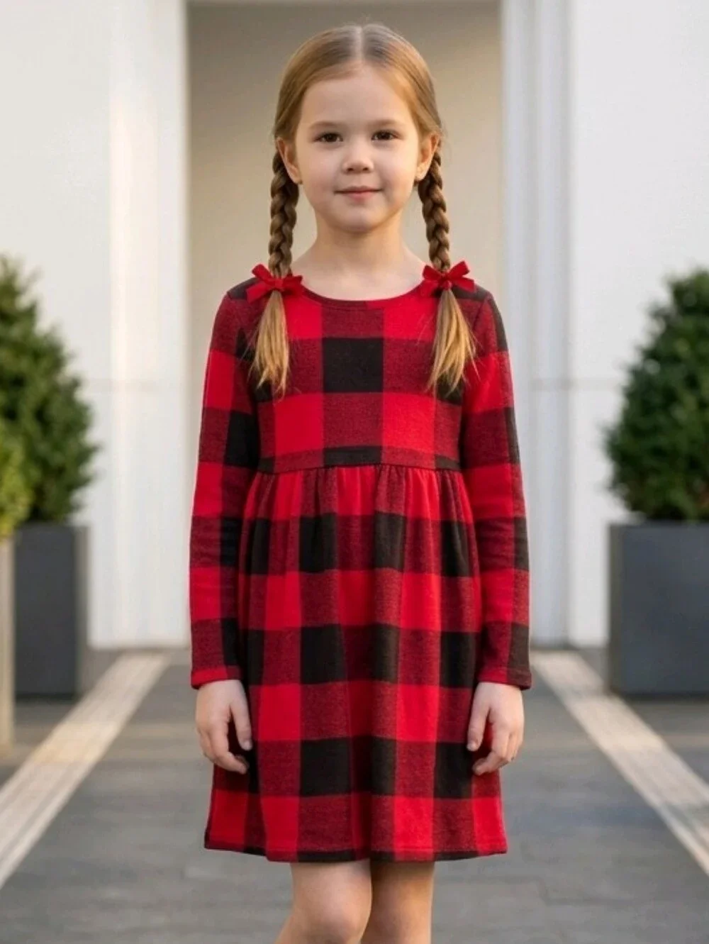 Old Navy Buffalo Plaid Dress Girls 4T Red Black Waffle Knit Holiday Cozy Classic